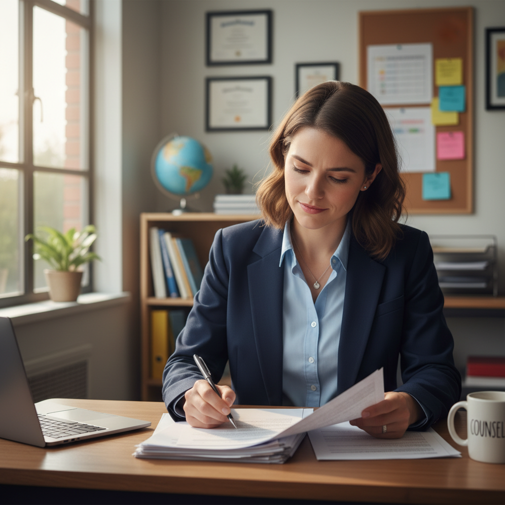 Calm professional wellness counselor in a warm, sunlit office setting with soft natural light