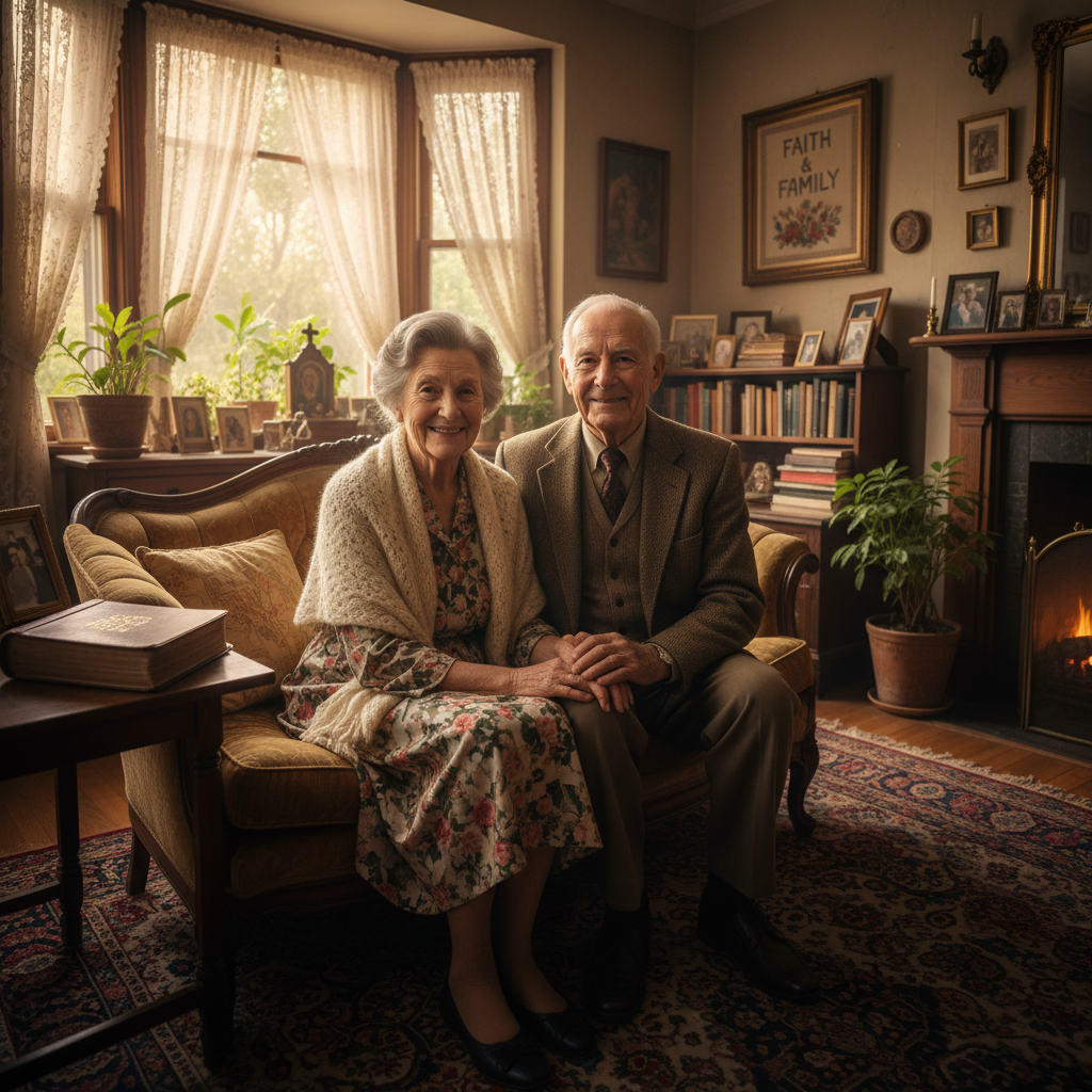 Older couple smiling warmly in a sunny living room