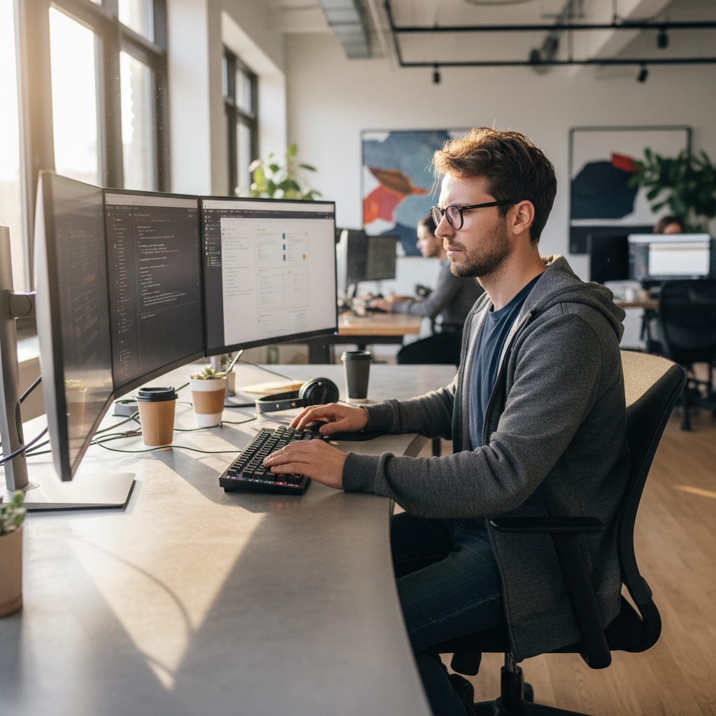 Male software developer focused on laptop screen in well-lit modern workspace