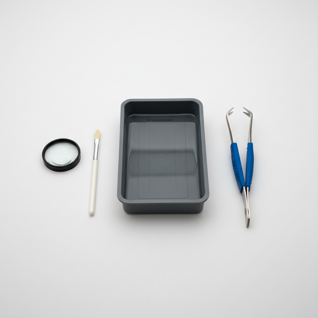 Philatelic tools including watermark detection tray and stamp tongs