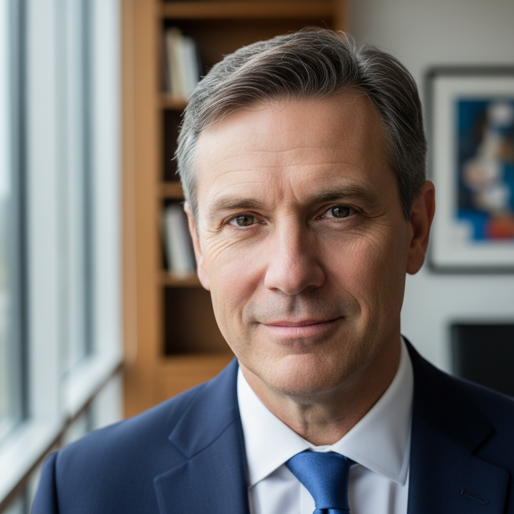 Алишер Каримов - мужчина средних лет в темном костюме с уверенной улыбкой в современном офисе