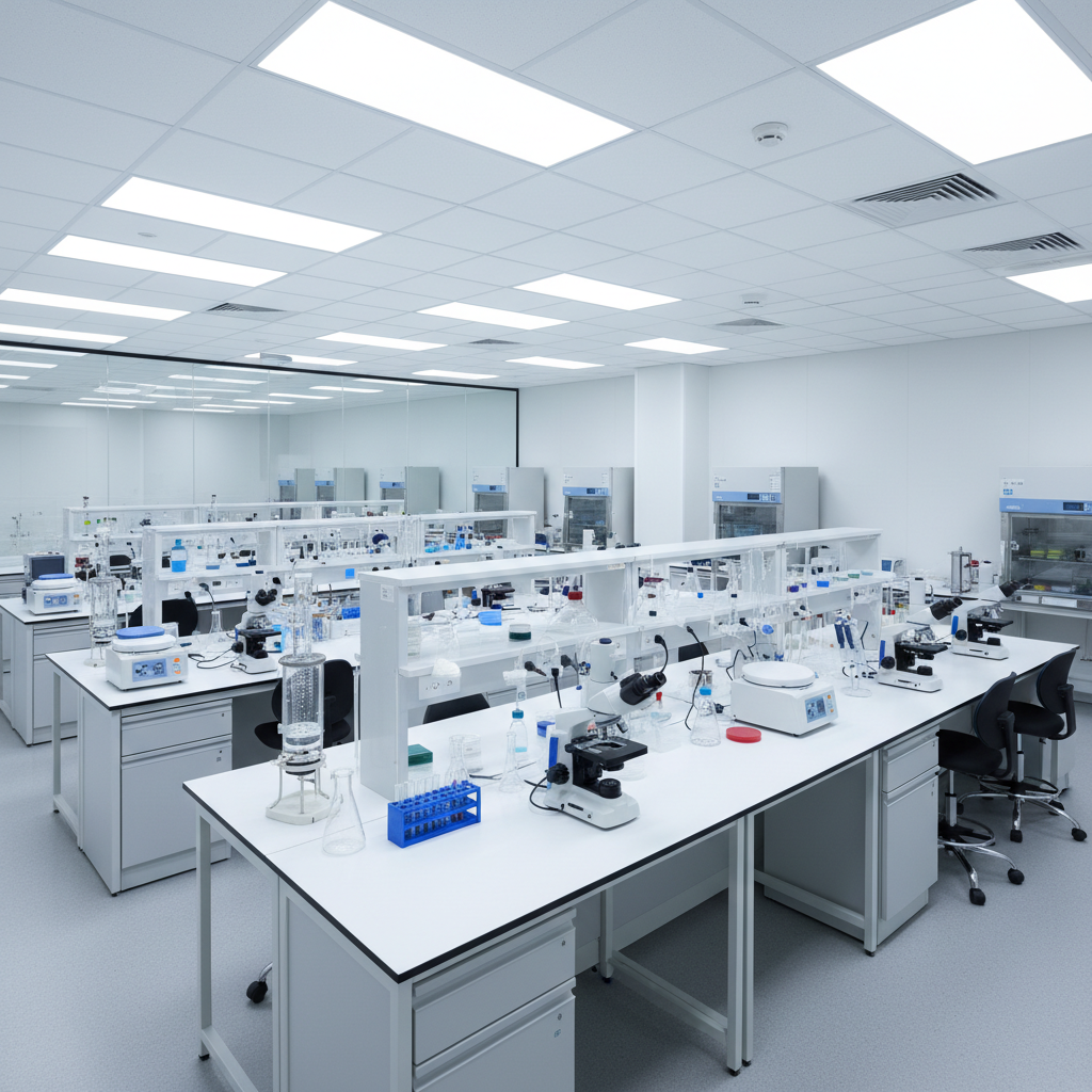 Science laboratory with microscopes and research equipment on white benches