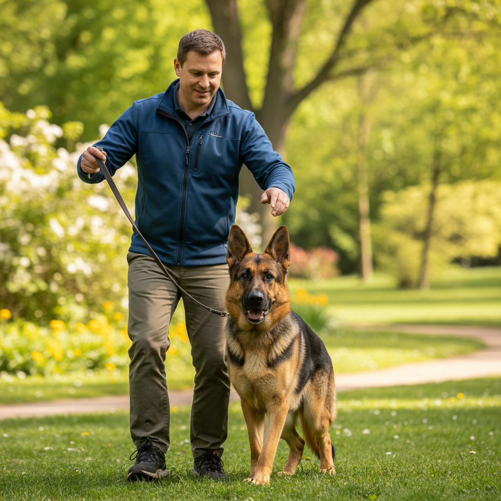 Dog trainer working with a focused German Shepherd on a loose leash in a park