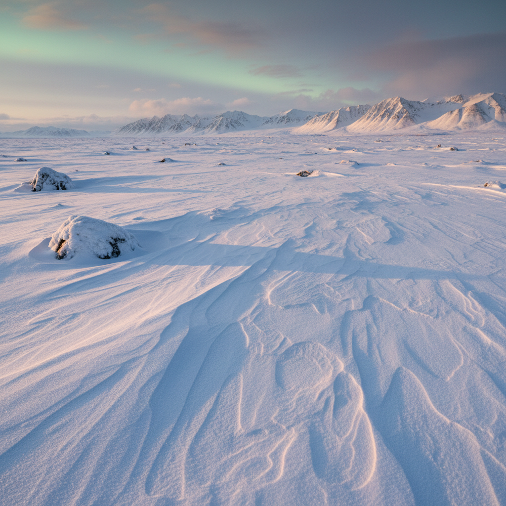 Snowy Arctic tundra landscape, windswept snow surface, low polar light casting long shadows across white expanse