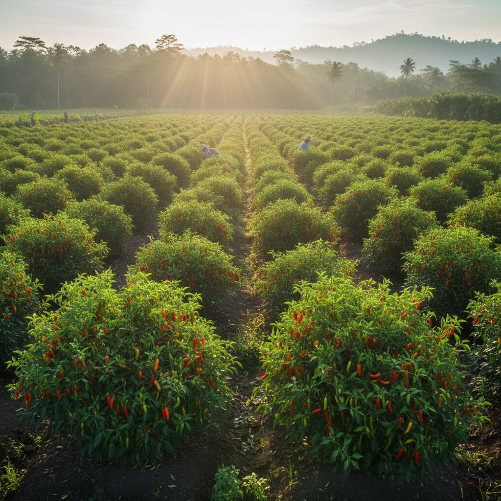 Lush green spice farm fields in Nimar region Madhya Pradesh, rows of chilli plants under bright morning sunlight