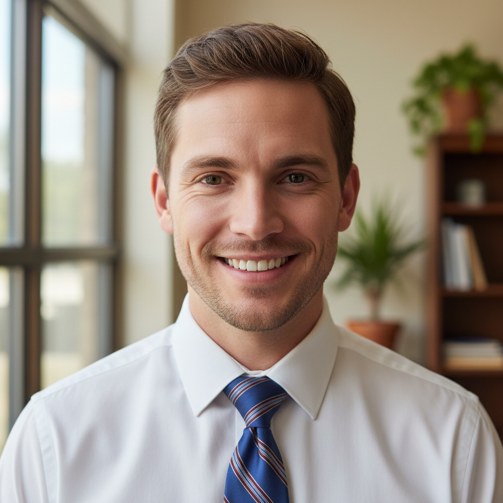 Male teacher in formal shirt, professional headshot with neutral background