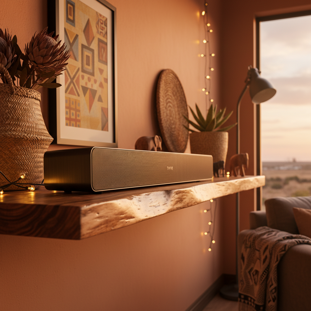 Sound bar speaker system on a shelf in a South African living room with warm ambient lighting