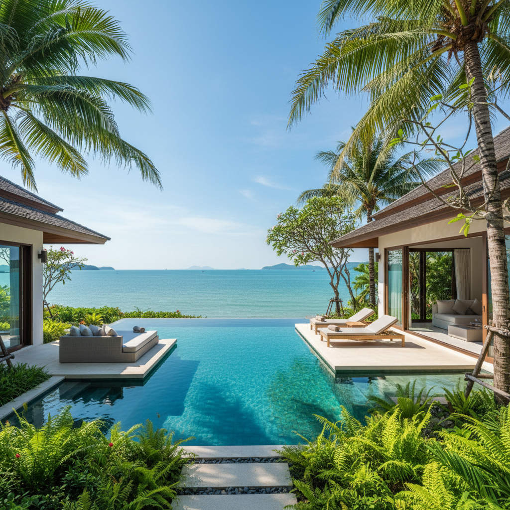 Luxurious tropical villa with infinity pool overlooking lush green jungle and ocean