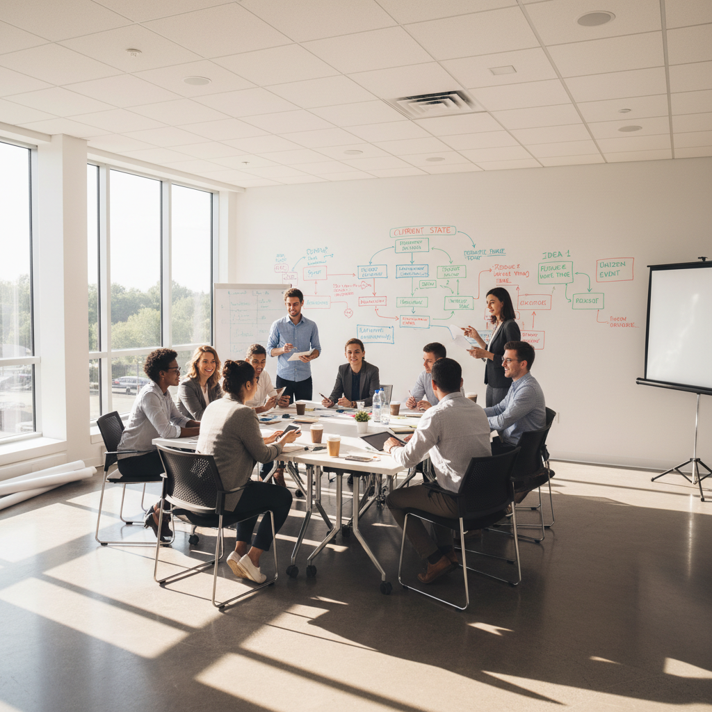 Project planning with Gantt charts and task boards on white wall, organized workspace, bright office environment