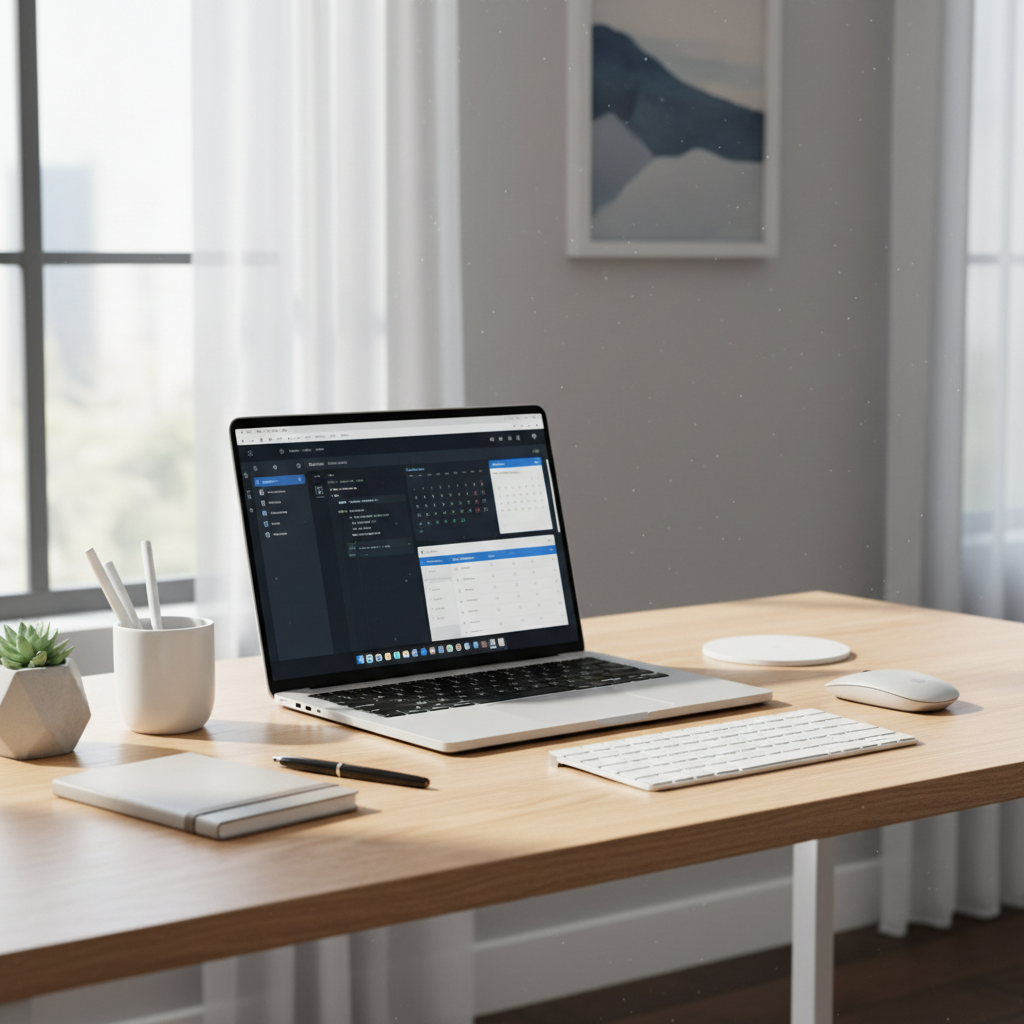 Professional mobile workstation laptop open on desk with bright screen, clean workspace