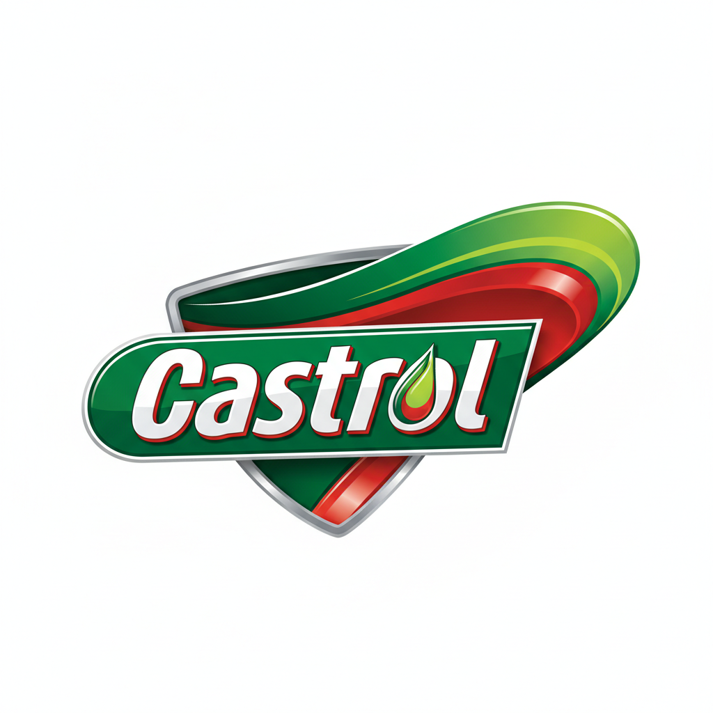 Bright orange and green Castrol engine oil bottle on white background, product shot
