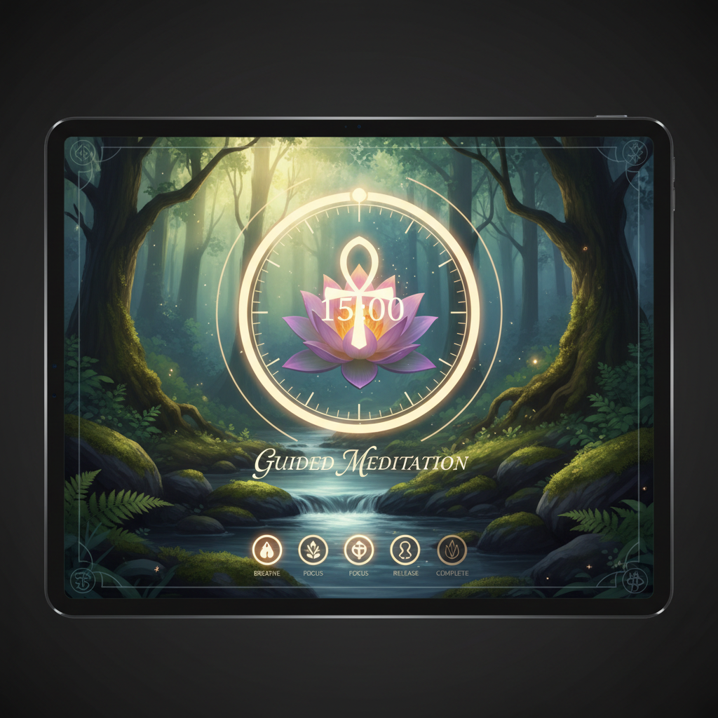 Meditation app with serene nature background and mindfulness timer