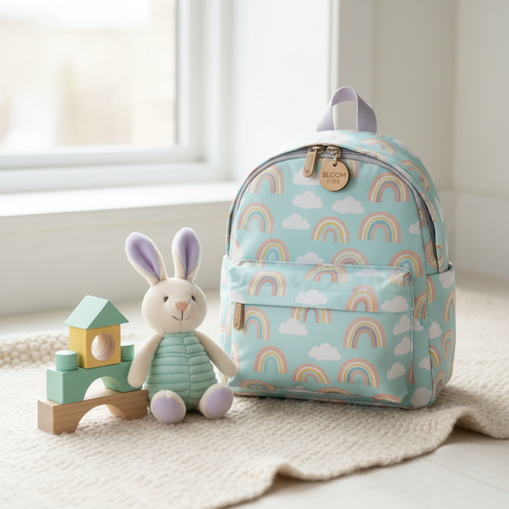 Hello Bloom Kids children brand — bright pastel colors, soft natural lighting, cheerful baby product photography