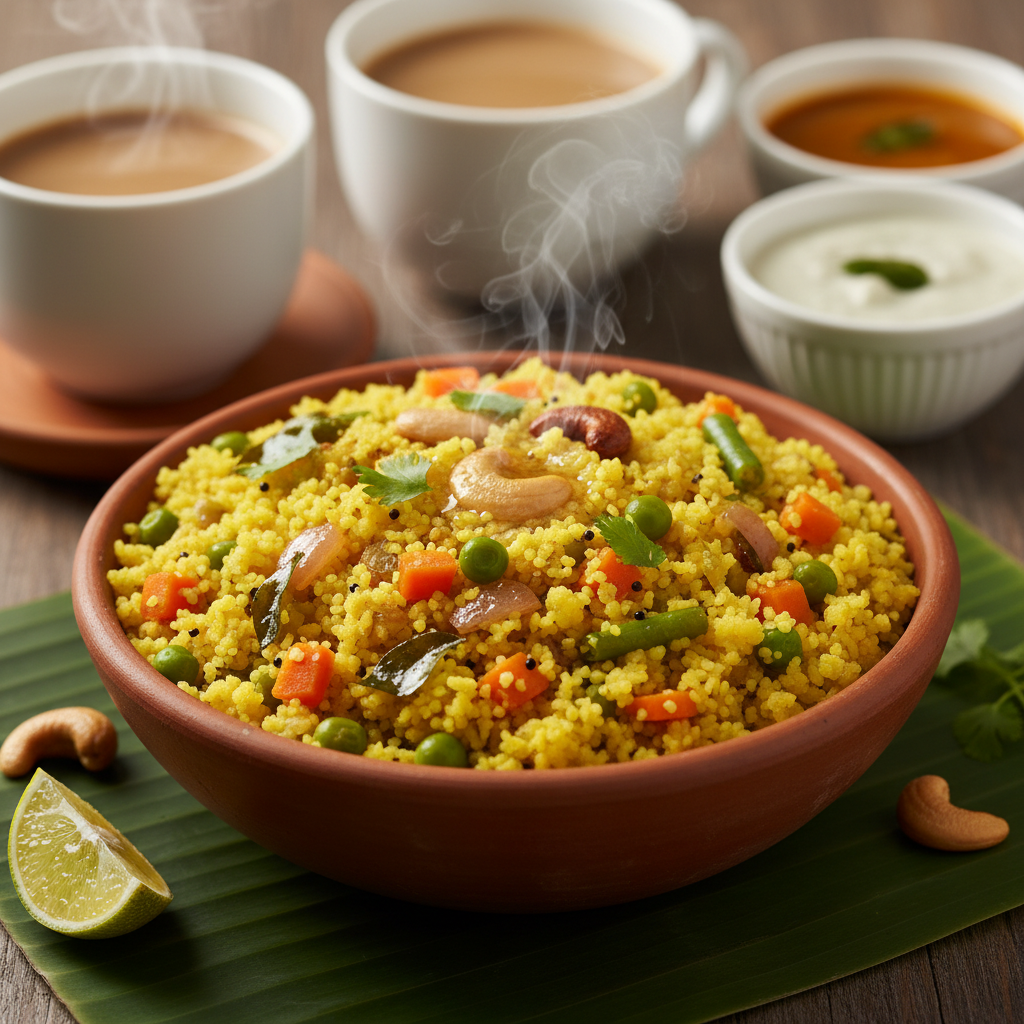 Upma semolina porridge with vegetables in brass bowl Indian breakfast