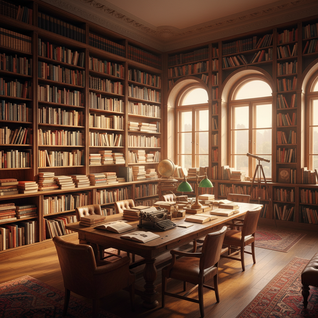 Warm editorial office with bookshelves lining the walls, afternoon light streaming through large windows, cozy and intellectual atmosphere