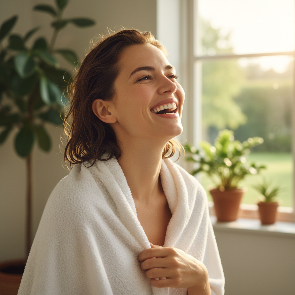 Priya Mehta, Dojo member, laughing with a towel around her shoulders after a morning swim
