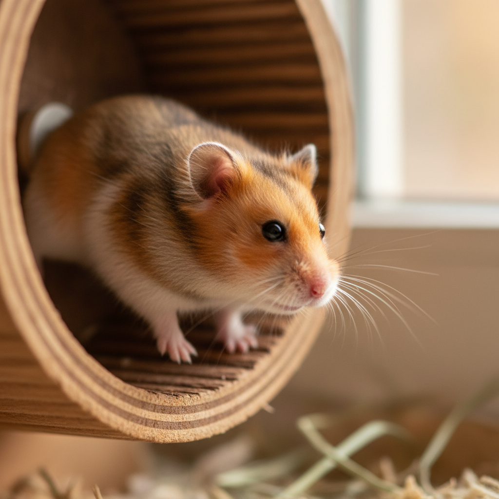 Hamster mid-run on a wheel, tiny paws blurred with motion