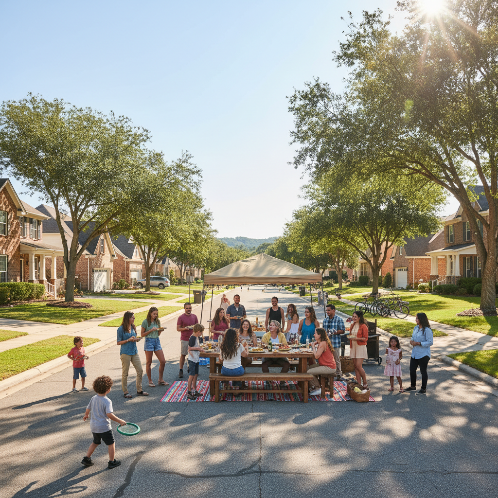 Suburban neighborhood street with homes and community gathering at outdoor table