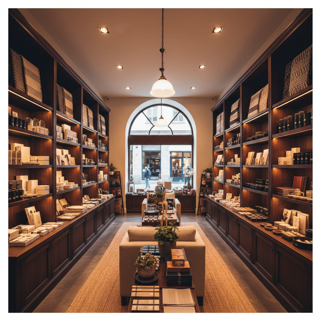 Elegant clothing store interior with warm lighting and organized displays