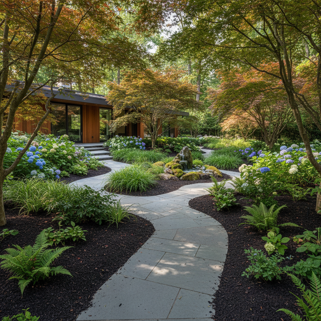 Professional landscape installation with mulch planting beds and manicured lawn