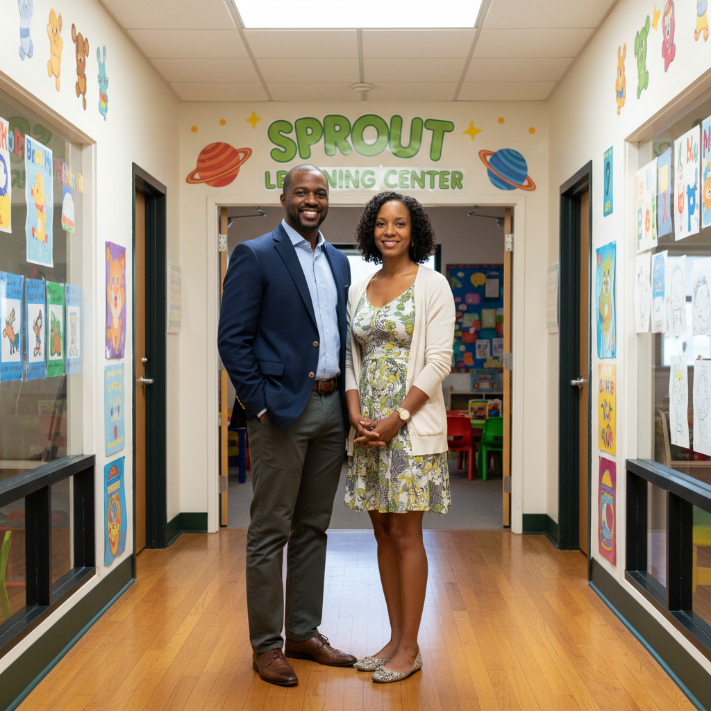 Marcus and Danielle Webb, Black couple in their late 30s, standing together in a Sprout learning center hallway