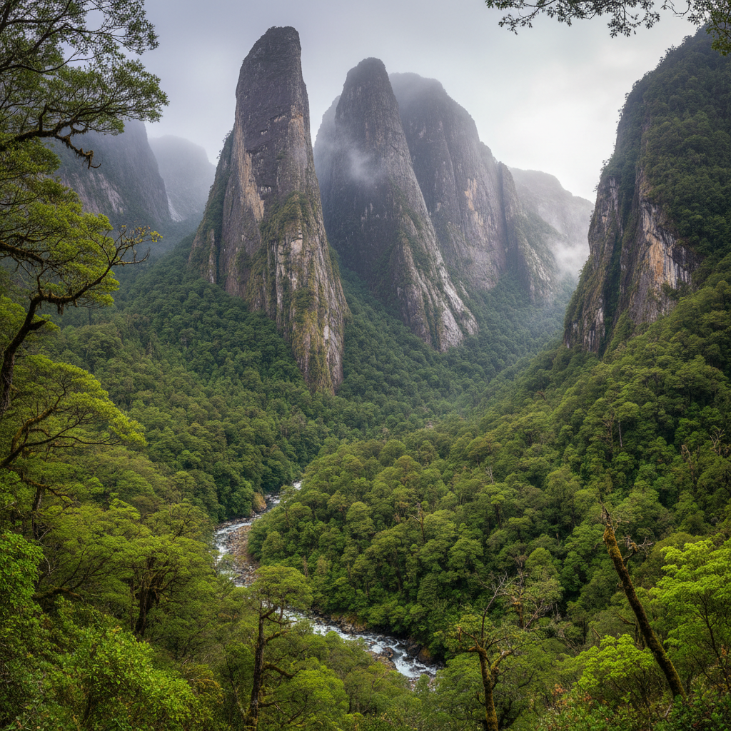Torres de granito gigantes emergiendo de la selva valdiviana en Cochamó