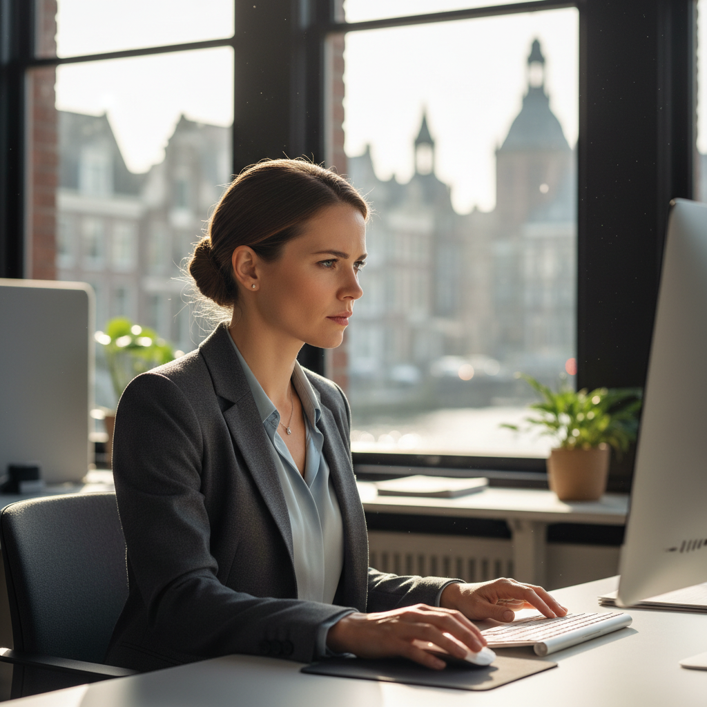 Well-lit professional working at desktop computer in bright office