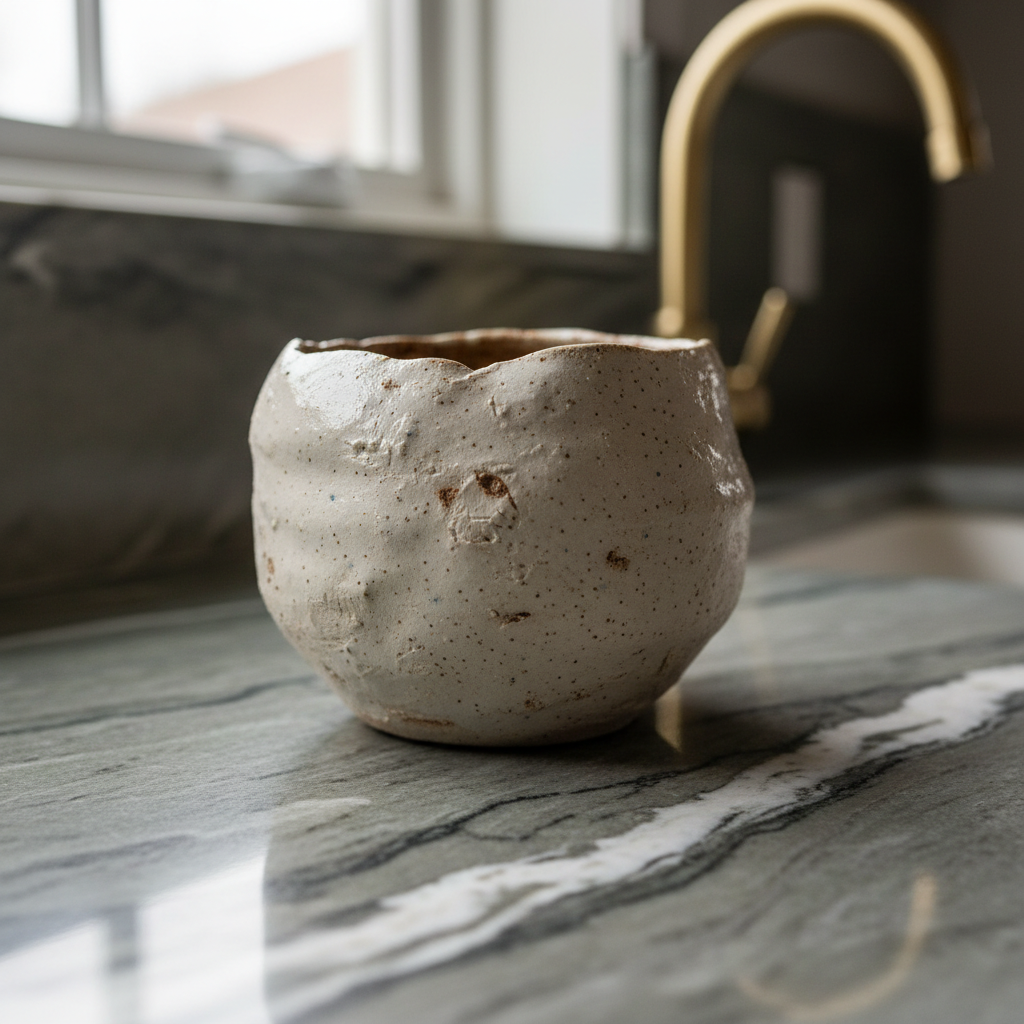 Close-up of soapstone countertop veining with unlacquered brass faucet detail and hand-thrown ceramic vessel