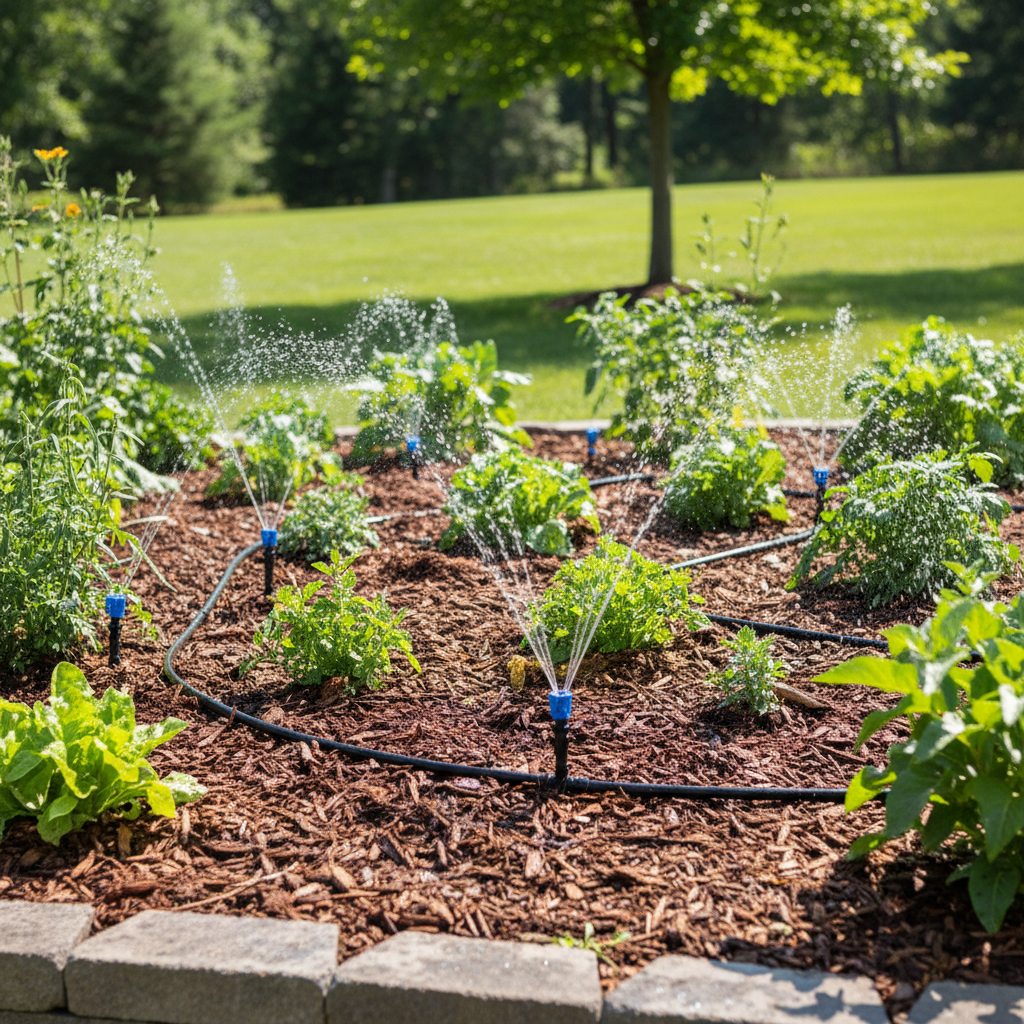 Drip irrigation emitters and micro-spray heads installed in a garden bed with mulch