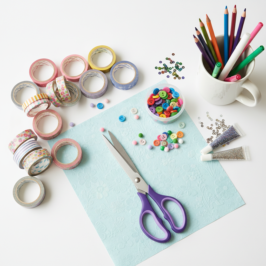 Washi tape, scissors, and craft supplies arranged on white workspace