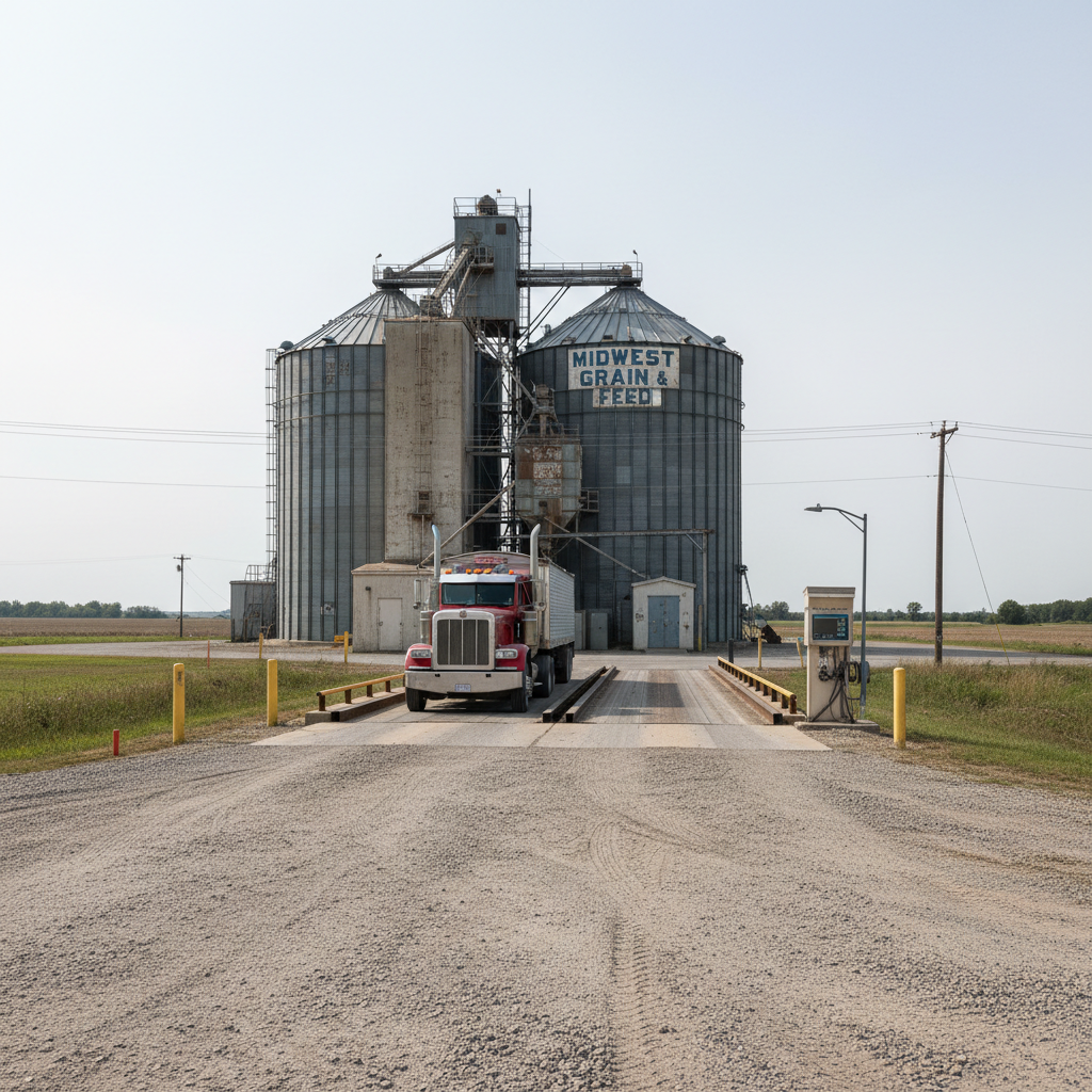Truck scale facility with grain elevator in background, semi truck approaching on gravel drive