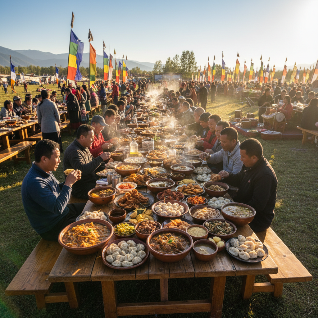 Outdoor festival with long banquet tables and steaming Tibetan food spread
