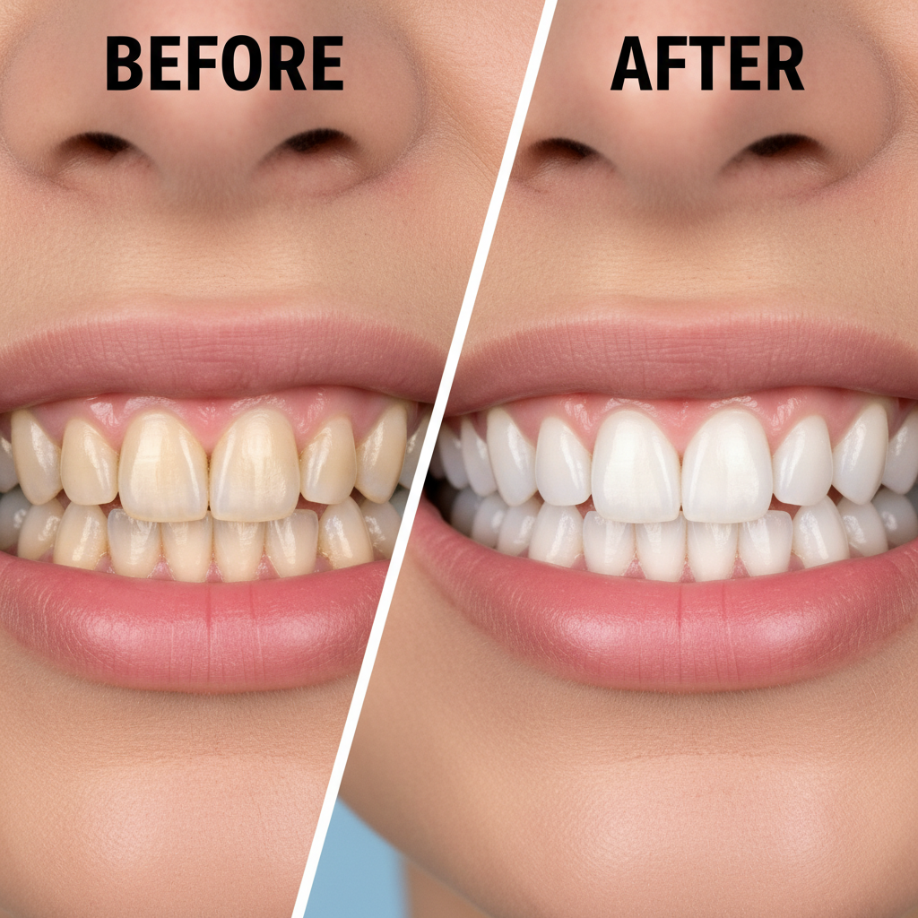 Before and after comparison of teeth whitening treatment showing dramatic improvement in smile brightness