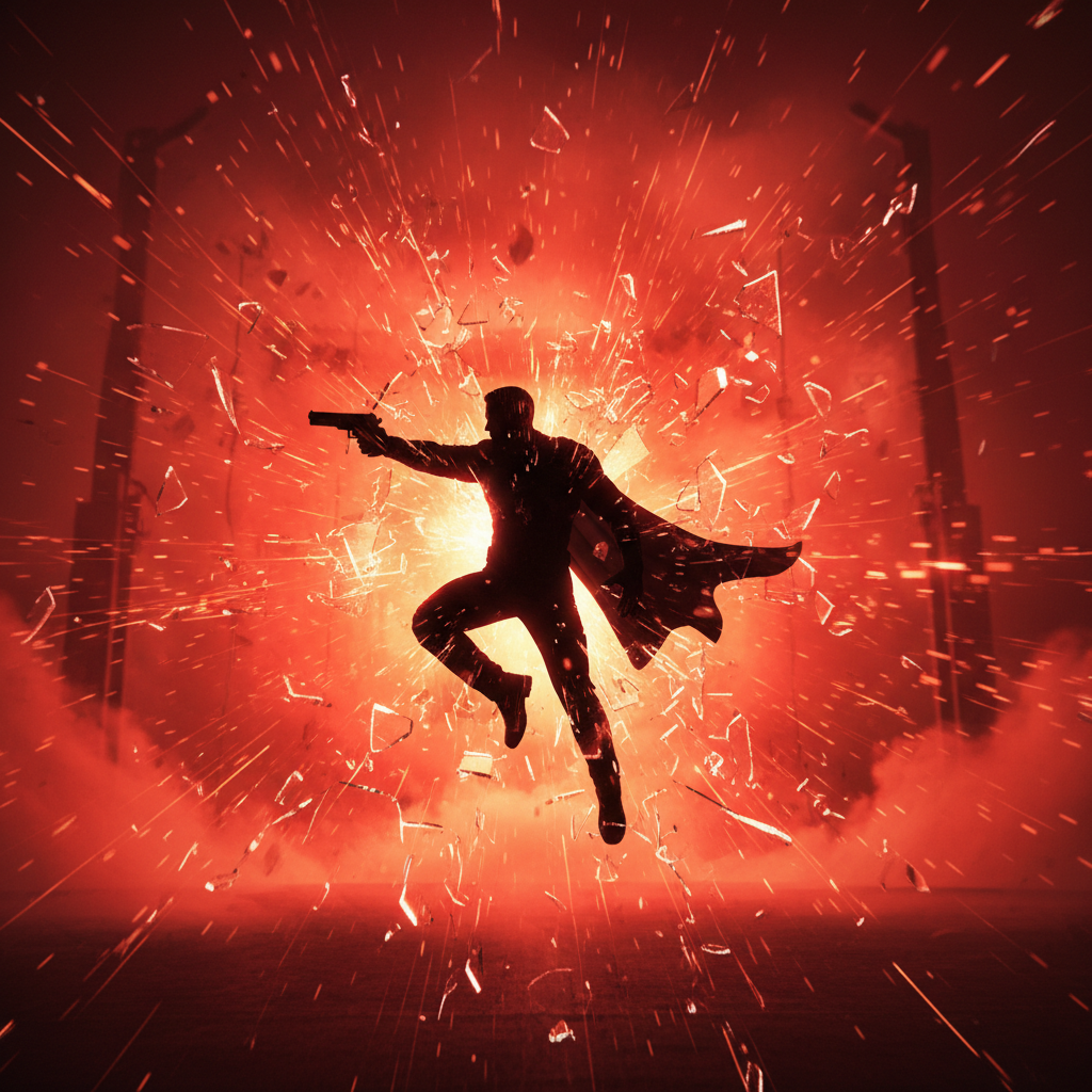 Action hero silhouette in a shattered glass explosion with red lighting