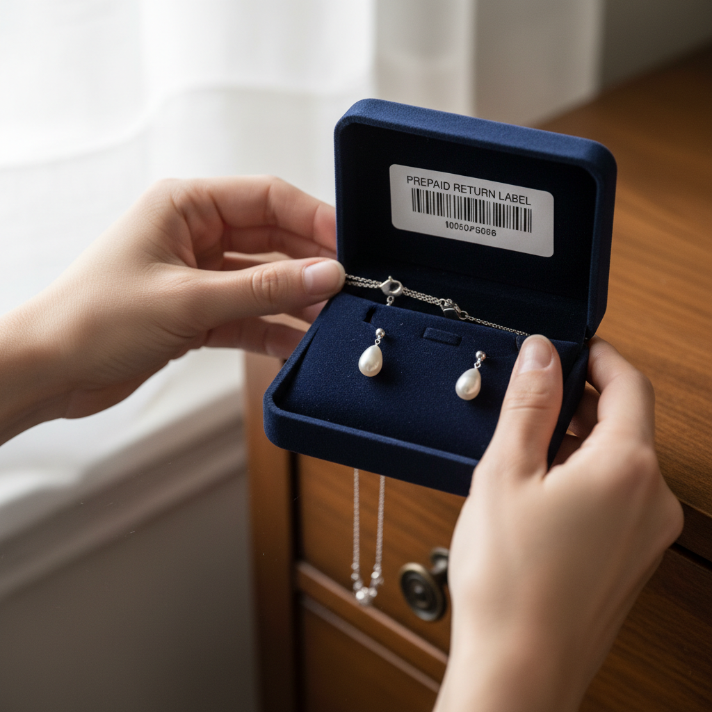 Person placing jewelry back in box with prepaid return label