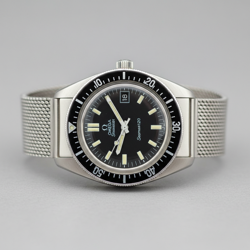 Omega Seamaster 120 diver from 1969 with rotating bezel and black dial shown from front