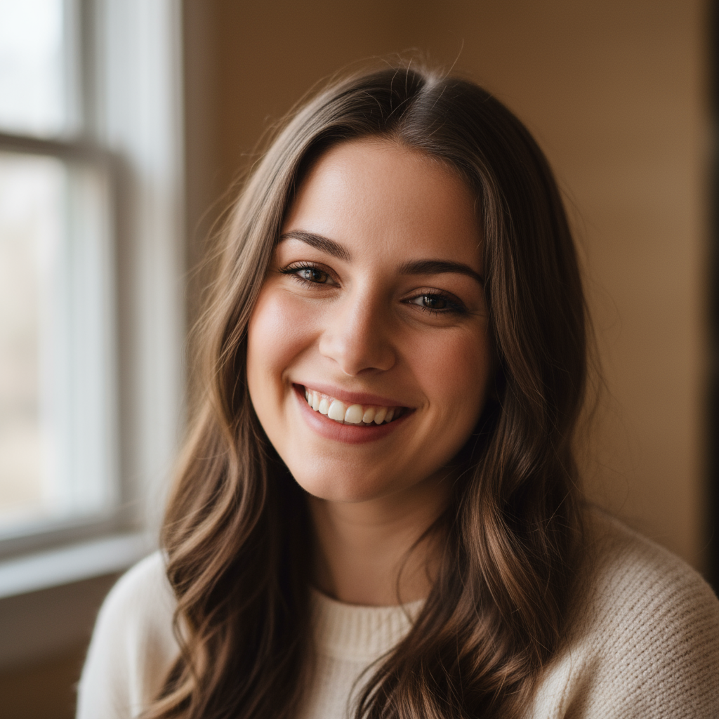 Professional woman with long brown hair in white blouse smiling warmly at camera