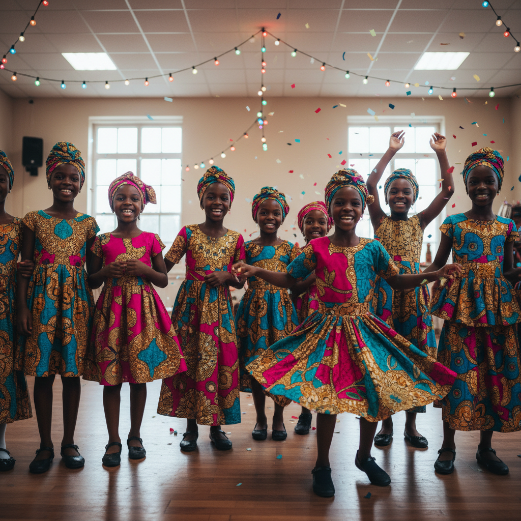 Young African girls in colorful attire at an empowerment summit, bright indoor venue, expressions of joy and confidence