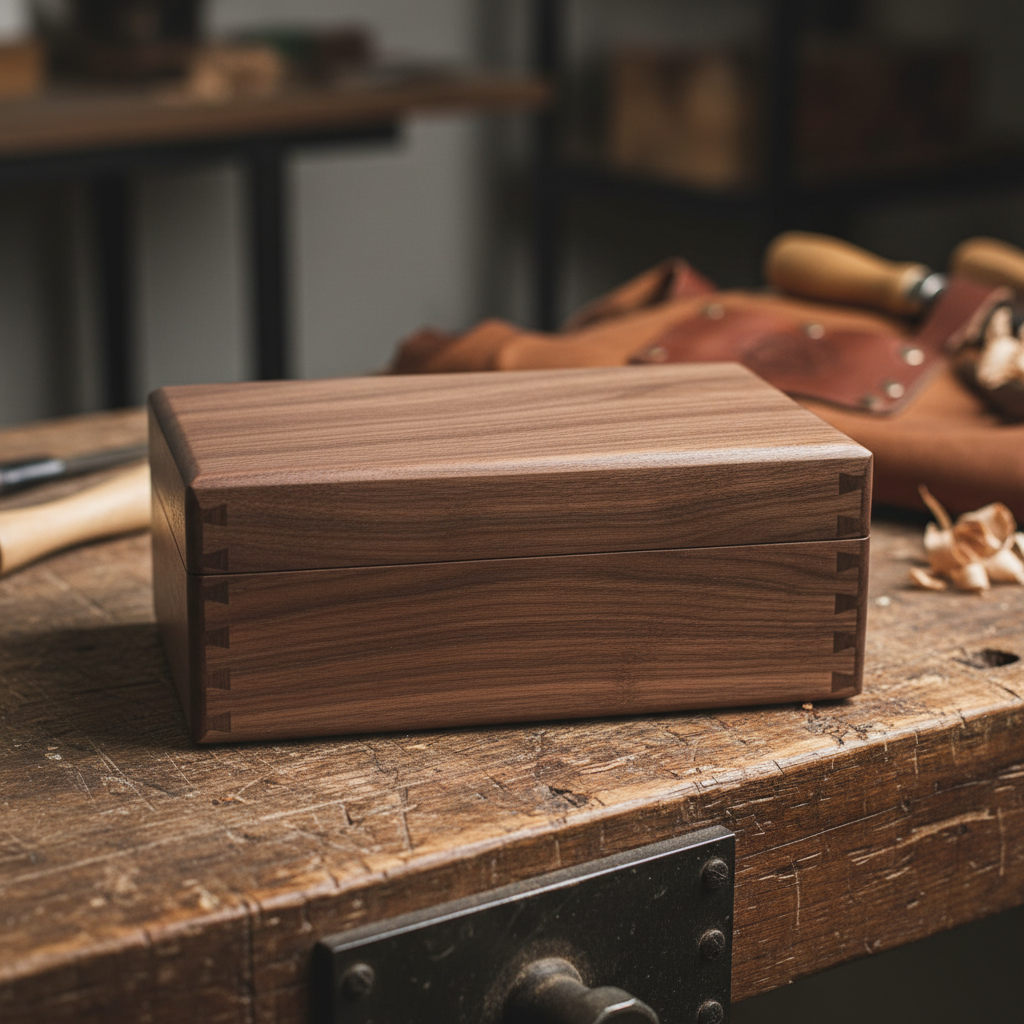 Handmade wooden storage box with dovetail joints on rustic workshop table, natural pine, well-lit studio