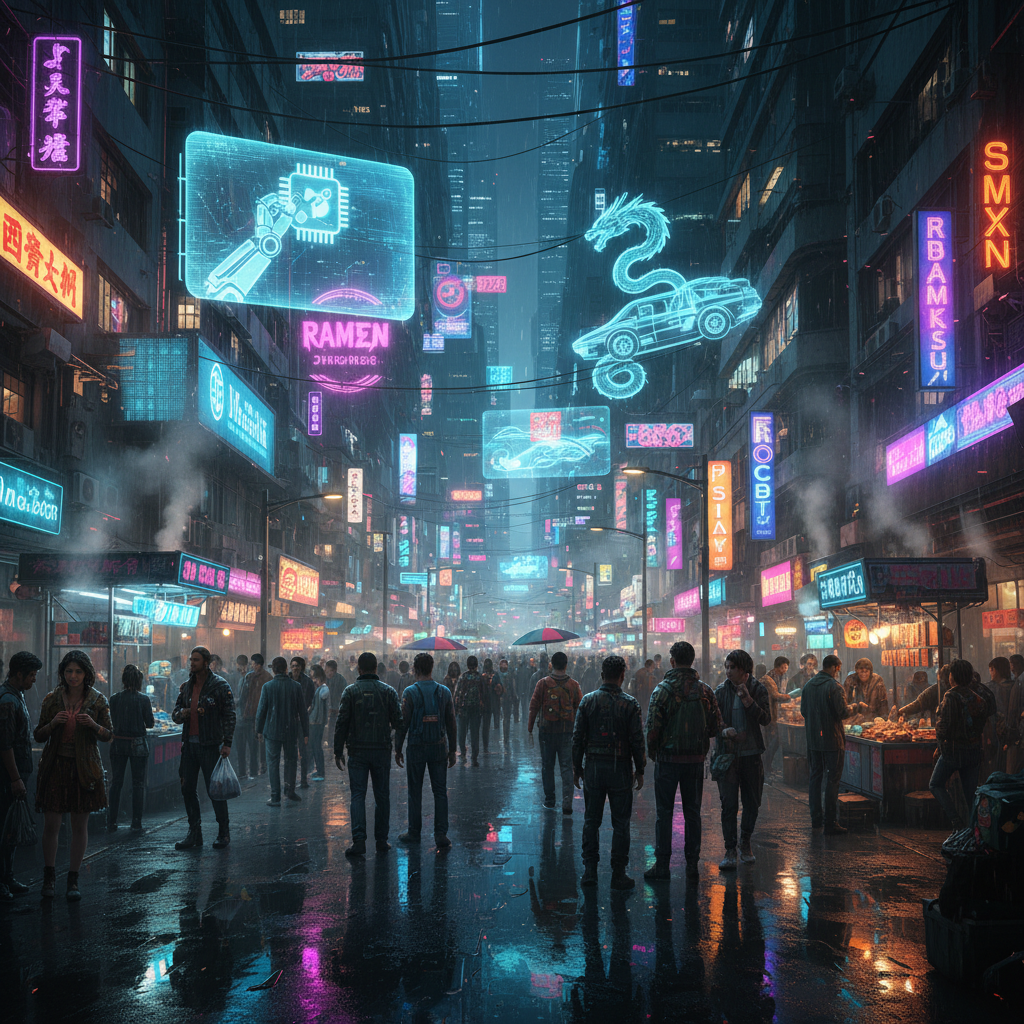 AI generated image: Anime style: cyberpunk street market at night, holographic signs, rain-soaked pa