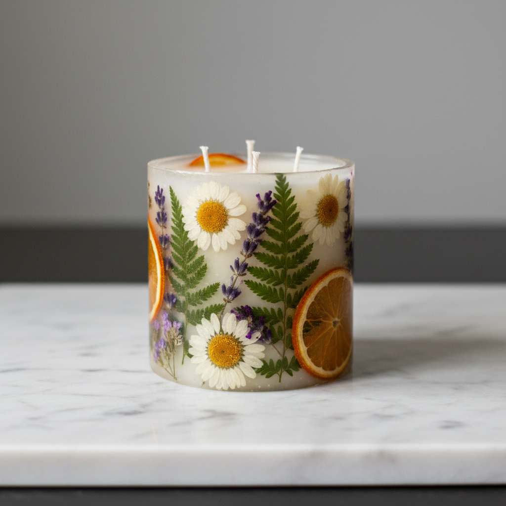 Artisan candle with dried botanicals on marble surface — handmade product board cover