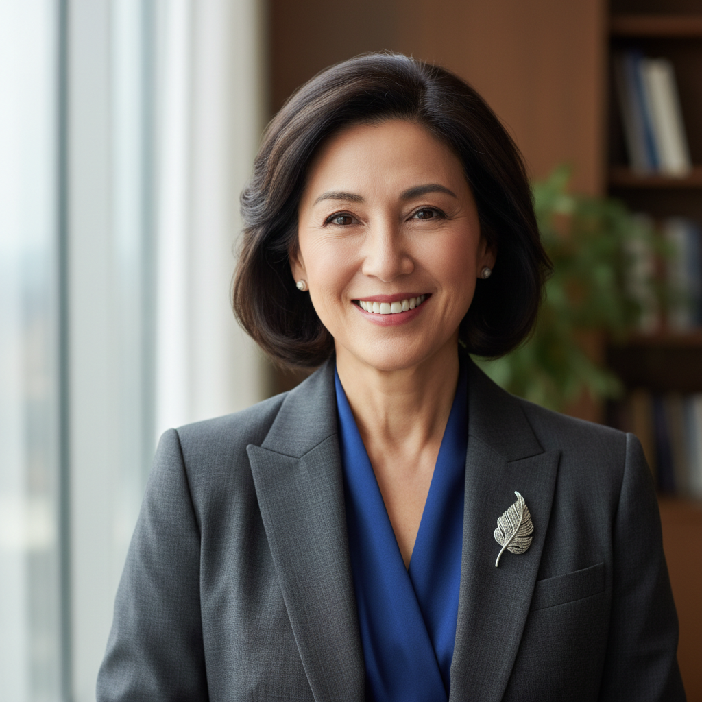 Portrait of Reverend Margaret Kowalski, church music director, smiling in formal attire