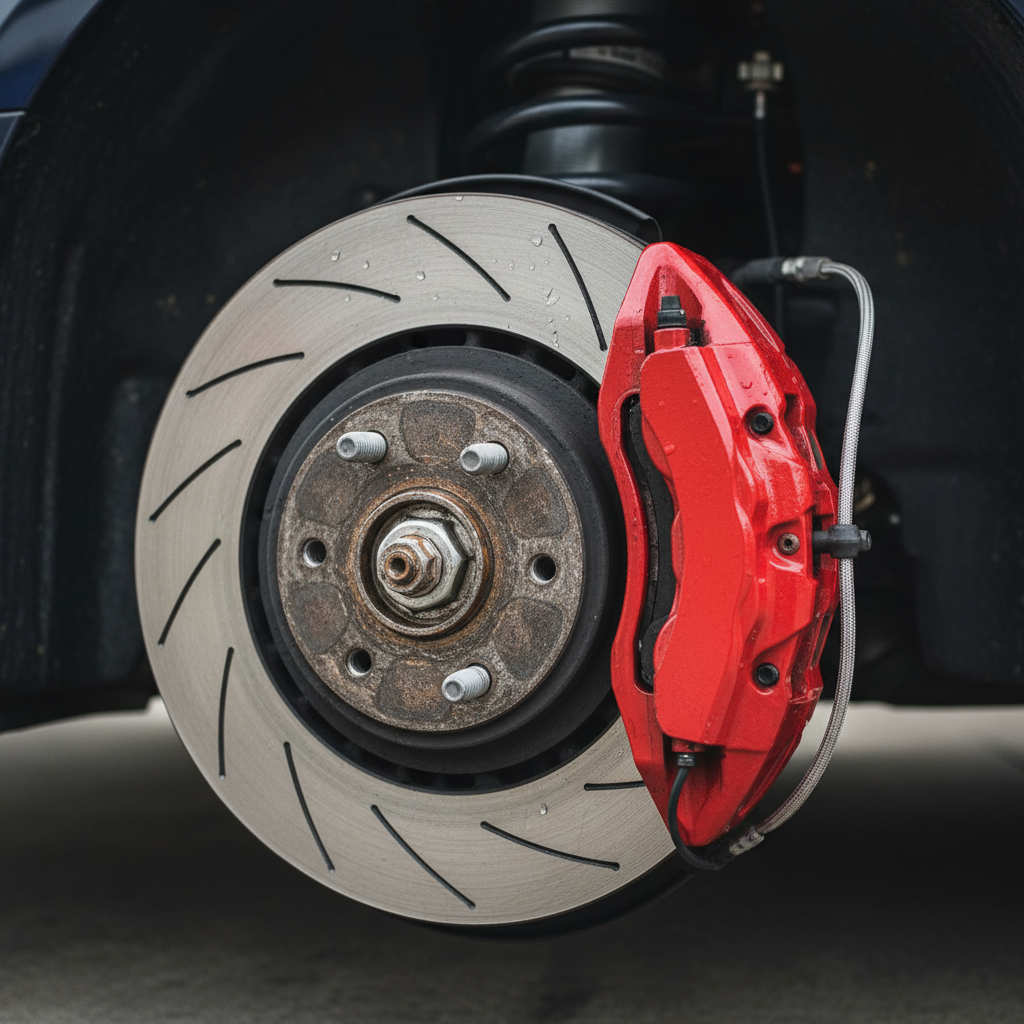 Close-up of performance brake caliper and slotted rotor on a sports car wheel