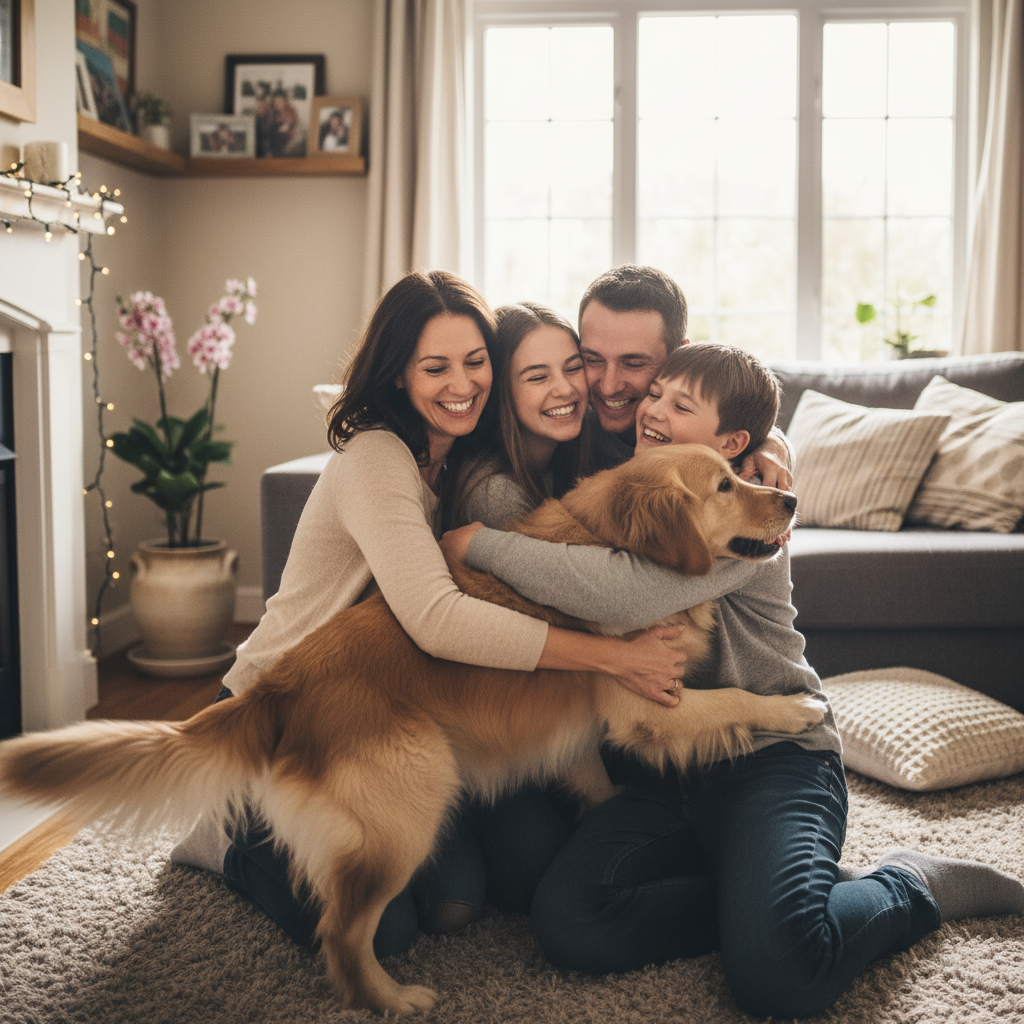 Happy family with their newly adopted golden retriever celebrating at home