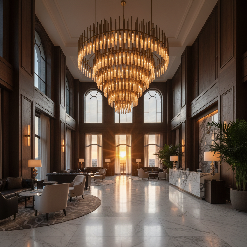 Luxury hotel lobby with warm amber lighting, dark marble floors, atmospheric mist diffusing through the space