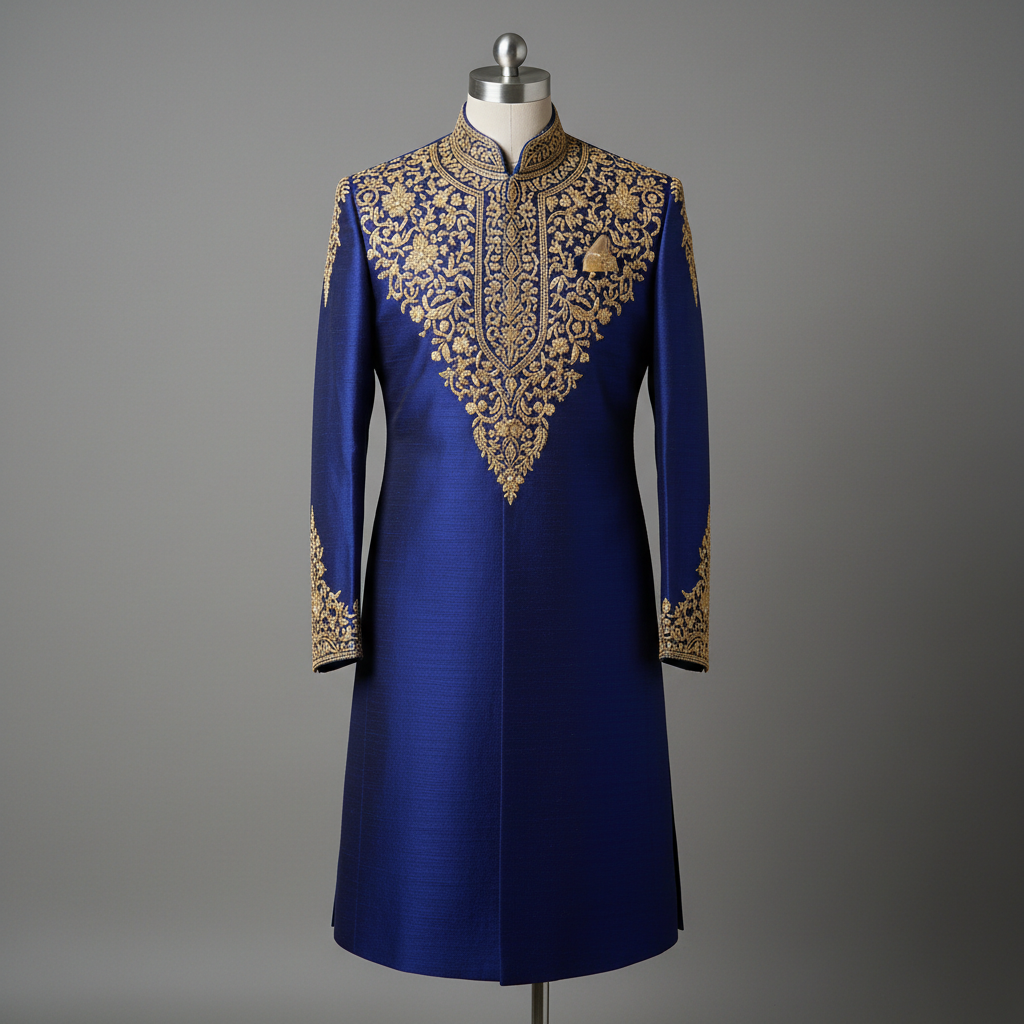 Royal maroon sherwani with gold embroidery displayed on a mannequin