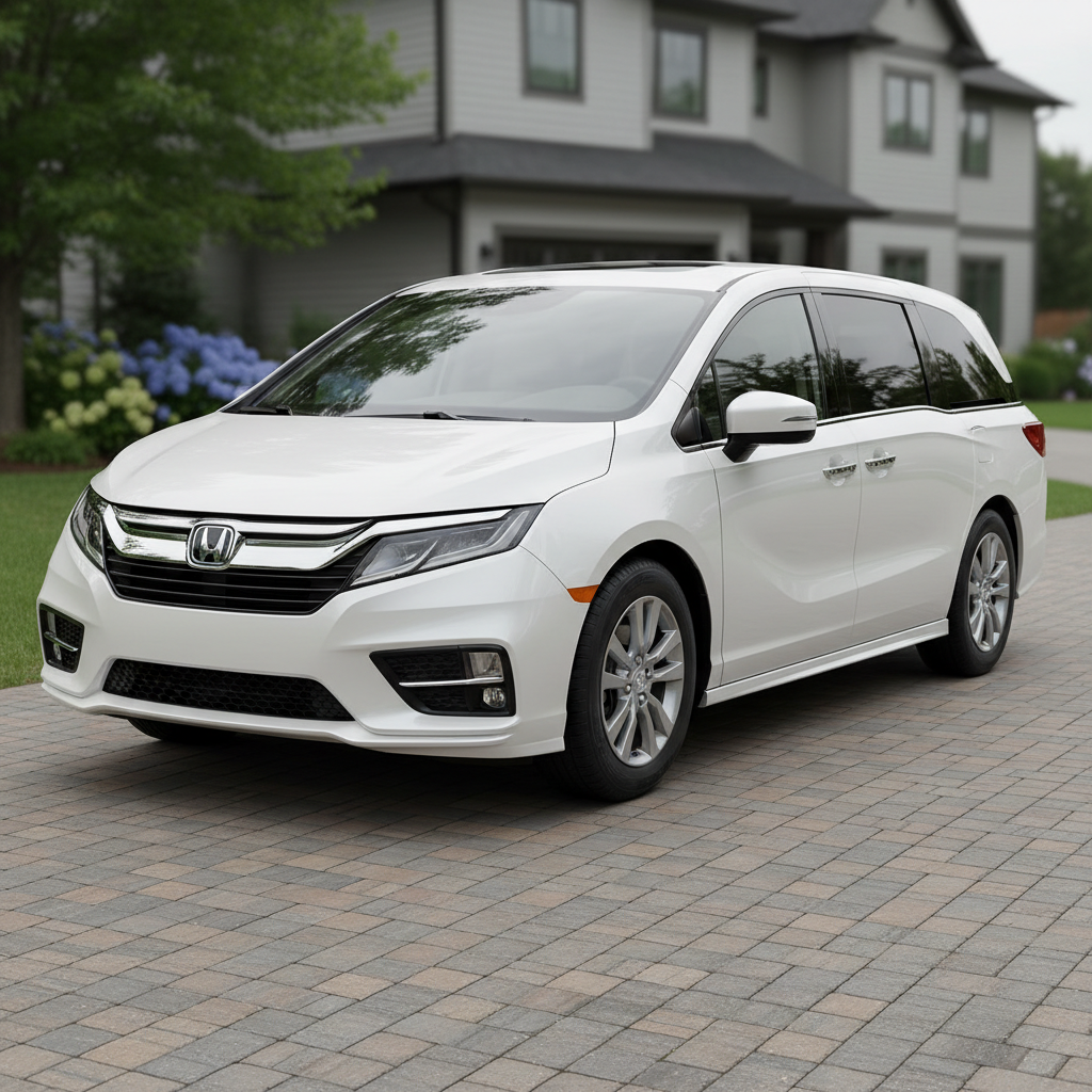 Hispanic family of four smiling beside a silver Honda Odyssey minivan in a suburban driveway