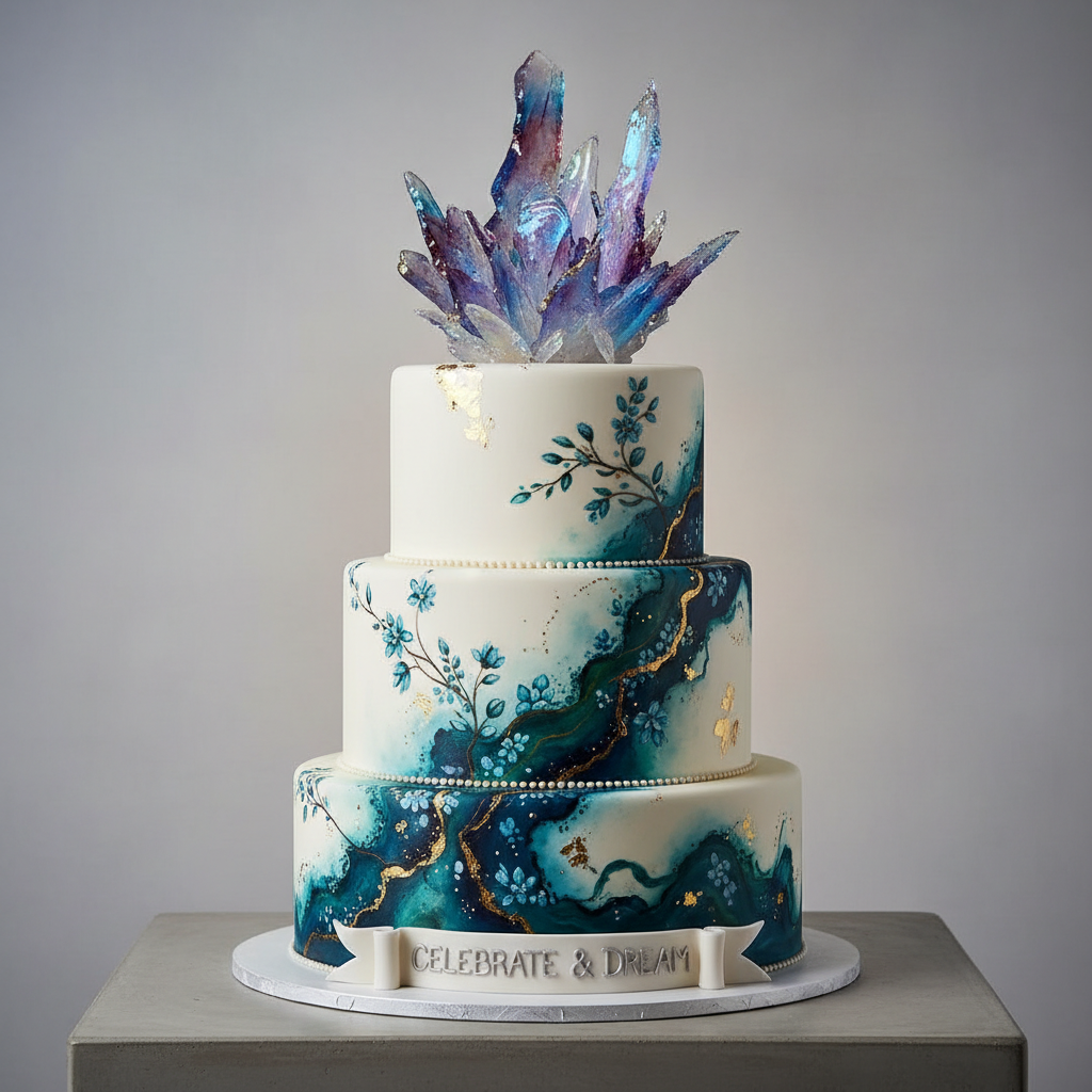 Luxurious multi-tier white wedding cake with edible gold accents on marble pedestal
