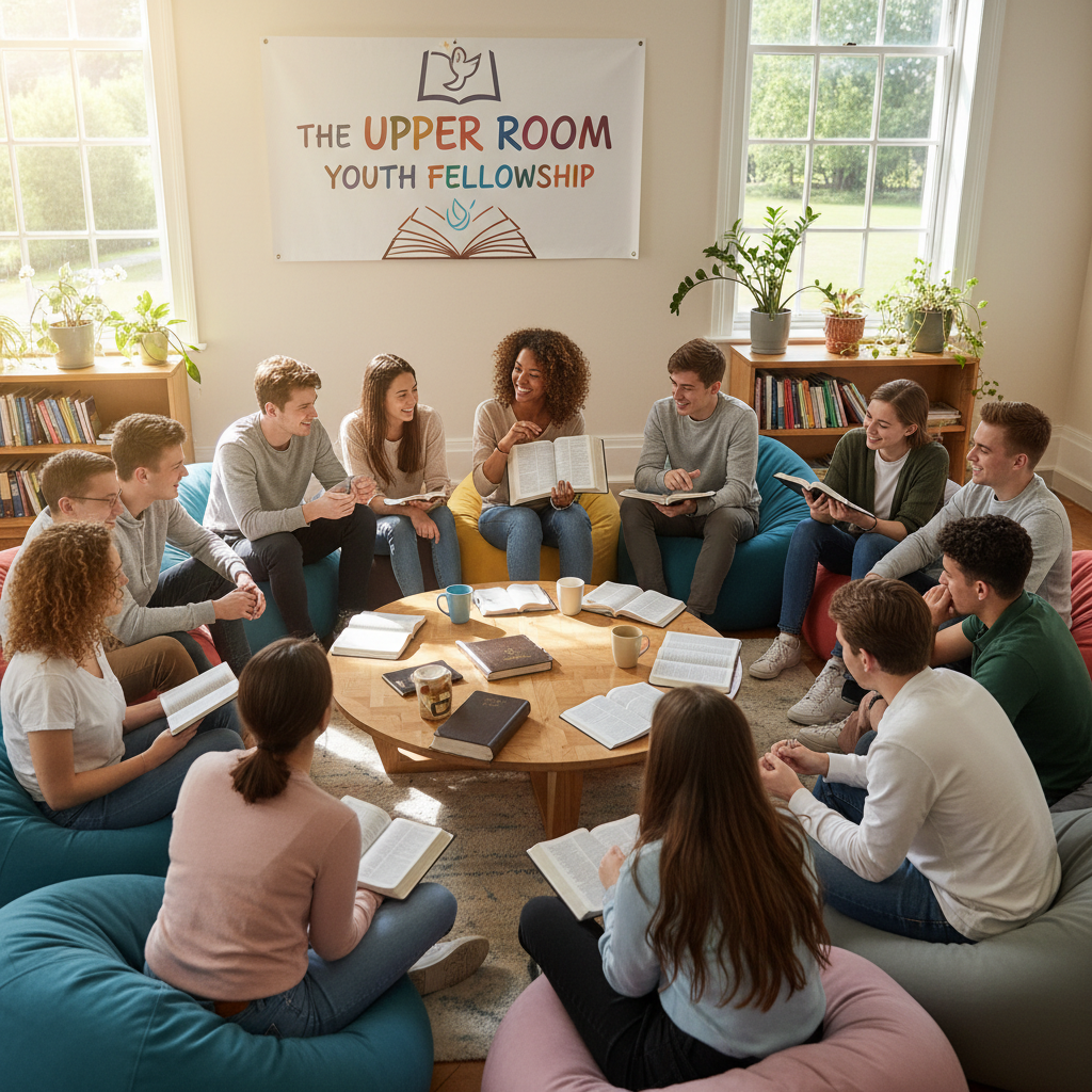 Small group of diverse young adults in a warm, plant-filled room having an engaged discussion