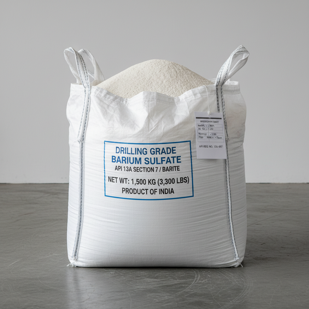 White barite barium sulfate mineral powder in industrial bags, drilling fluid weighting agent